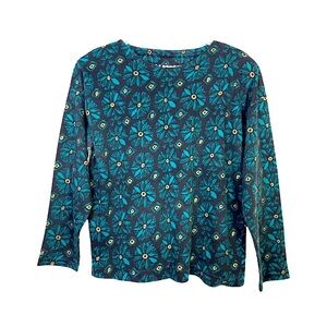 Vintage 80s Scoop Neck Jersey Knit Long Sleeve Top Floral Metallic Gold M